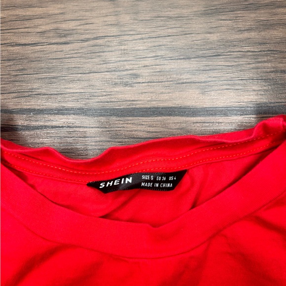 SHEIN T SHIRT WOMENS SMALL RED SOLID WHITE LOGO - Picture 3 of 3